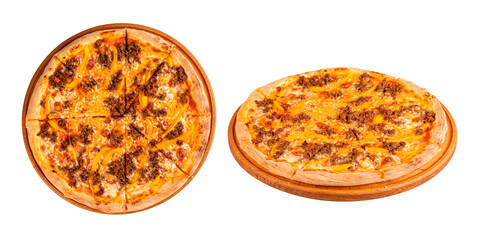 Pizza with minced meat and bell pepper, on a wooden board, cut into portions, isolated on a transparent background