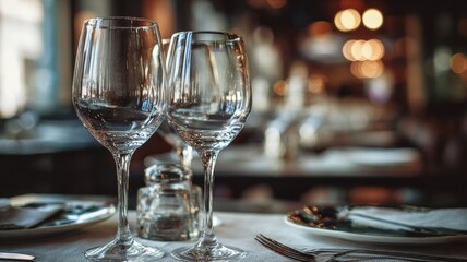 Empty glassware set on a restaurant table, ready for drinks, modern dining setting with clean glasses, casual and elegant table arrangement for food and beverage service