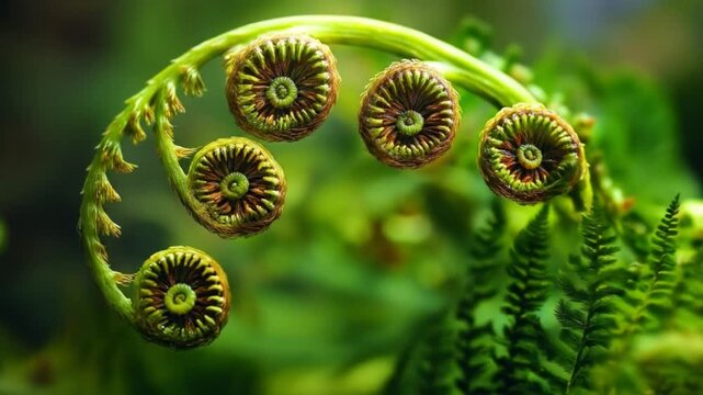 Detailed view of a young fern frond unfurling against blurred background