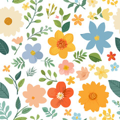 Fototapeta premium A spring-like seamless pattern scattered with brightly colored flowers and leaves