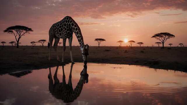 Giraffe Drinking Water at Dusk in African Savannah Landscape Reflection