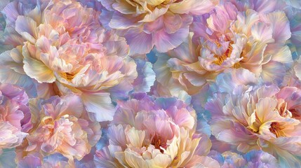 Pastel-colored peony flowers in soft focus, showcasing delicate petals and gentle hues.