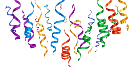 Ultra highresolution, professional studio photography of illustration of colorful party streamers and confetti falling, isolated on transparent background