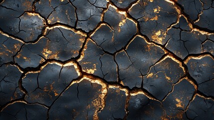 Cracked Earth Texture with Golden Veins. Organic patterns of dark dry soil contrasted by shimmering gold.