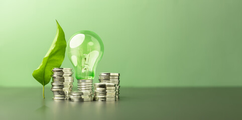 Sustainable, Green investment, green finance, and eco friendly economic growth. Coin money Stack, Lightbulb  and Green Leaf