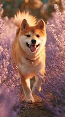 Shiba Inu dog running through a field of purple flowers