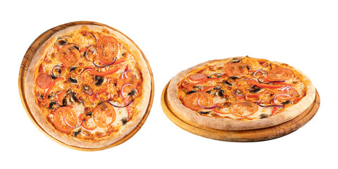 Pizza mushrooms, tomatoes and red onions, cheese, on a wooden board, isolated on a transparent background