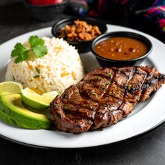Grilled Steak with Rice, Avocado, and Beans - A Delicious Mexican Meal.