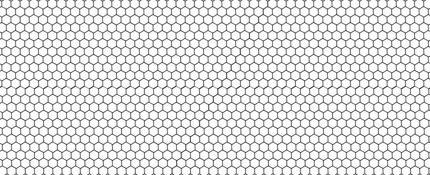 Repeated hexagon shapes pattern. Honeycomb background. Minimalistic print with hexahedrons. Mosaic geometric texture. Tile floor, fence or fishnet surface. Vector graphic illustration.