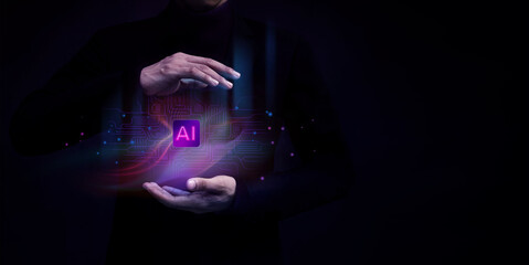 AI chip hovers above hand in a dark tech futuristic theme. Artificial intelligence, advanced technology, and digital innovation