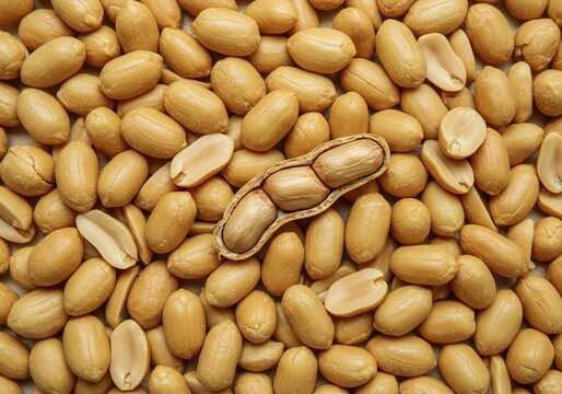 Roasted Peanuts Background with an Open Shell Showing Kernels.