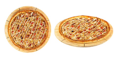Pizza with chicken, tomatoes and cream sauce, cheese, on a wooden board, cut into portions, isolated on a white transparent background