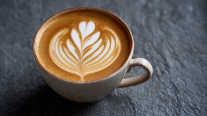 Close-up of creamy latte art on hot coffee with heart-shaped and leaf-shaped milk foam, beautifully textured cappuccino crafted by professional barista, cozy caf&eacute; morning drink