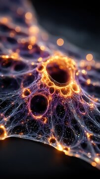 Abstract cellular network with glowing orange nodes and intricate web-like structure