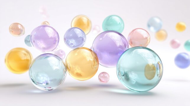 Colorful translucent spheres floating in a bright space