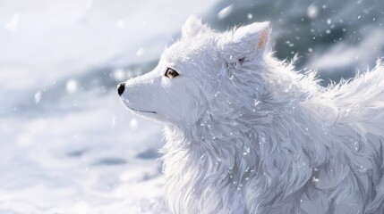 Obraz premium White Arctic fox in snowy landscape with falling snowflakes