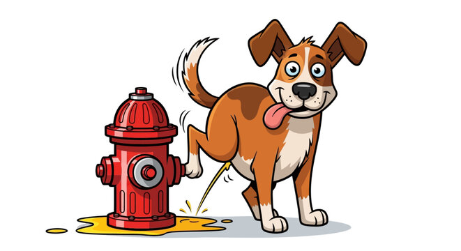 Cartoon dog humorously marking its territory on a vibrant red fire hydrant illustration