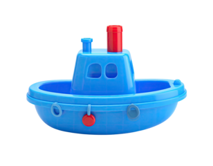 A bright blue plastic toy boat with a red smokestack on a black background