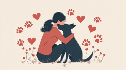 Person hugging their pet dog, surrounded by paw prints and heart shapes.