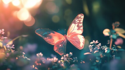Enchanting butterfly amidst a floral wonderland, bathed in ethereal light