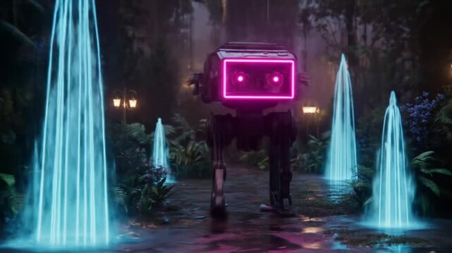 Futuristic AI robot with glowing pink neon head walks through an enchanted garden with vibrant blue light fountains at night