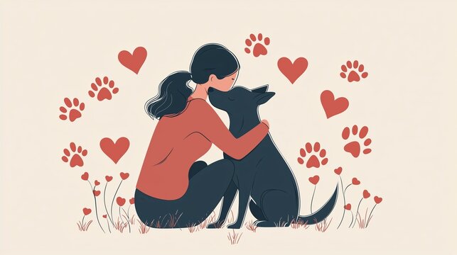 Person hugging their pet dog, surrounded by paw prints and heart shapes. - Powered by Adobe