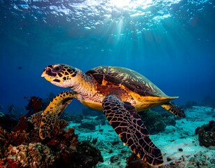 Obraz premium Underwater Photograph of a Sea Turtle Swimming Near Reefs