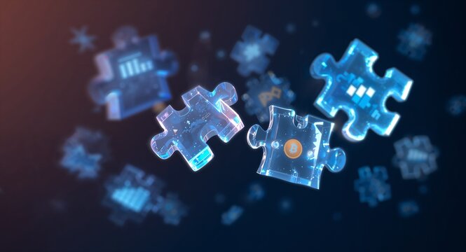 Luminous Blue Jigsaw Pieces with Holographic Data Floating in a Digital Void.