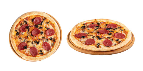 Pepperoni pizza with salt and olives, on a wooden board, cut into portions, isolated on a transparent background, png