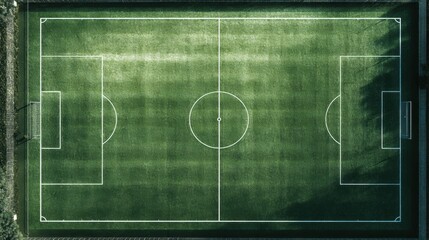 Aerial view of a well-maintained soccer field with clear white markings and green grass.