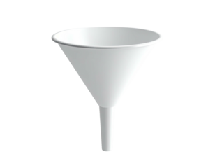 A white, conical funnel with a wide opening and a narrow spout, floating
