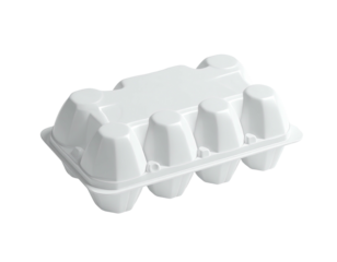 A white, molded plastic egg carton. Lid closed, six egg compartments visible