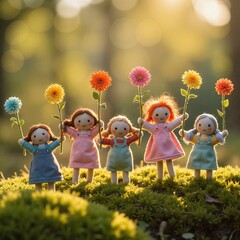 Five cheerful dolls holding flowers in a sunny forest