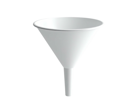 A white, conical funnel with a wide opening and a narrow spout, floating