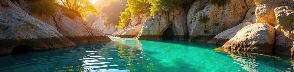 Golden Hour Cove Tranquil Turquoise Waters Lap Gently Against Smooth Rocks, Offering a Perfect Escape for Relaxation and Vacation