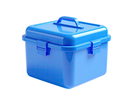Bright blue plastic storage box with a handle and latches against a black backdrop