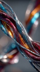 Close-up of intertwined colorful electrical wires with reflective surfaces and blurred background