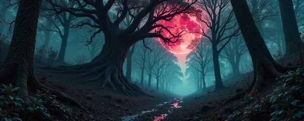 Menacing Forest Gnarled Trees and Lurking Shadows ? A Dark and Mysterious Landscape