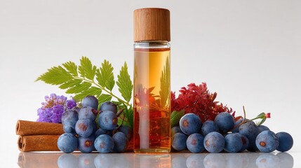 Essential oil bottle with blueberries, cinnamon sticks, flowers, and leaves on a reflective surface