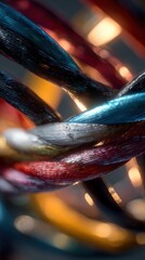 Close-up of intertwined colorful cables with reflective surfaces and blurred background lighting