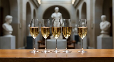 Elegant champagne flutes filled with a light-colored sparkling wine on a bar counter, with a blurred backdrop of a grand museum with marble statues.