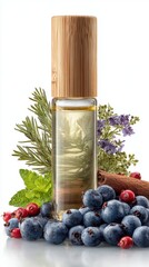 Essential oil bottle with blueberries, herbs, and spices on a white background