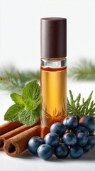 Essential oil bottle with cinnamon sticks, mint leaves, blueberries, and pine sprigs arranged on a white surface