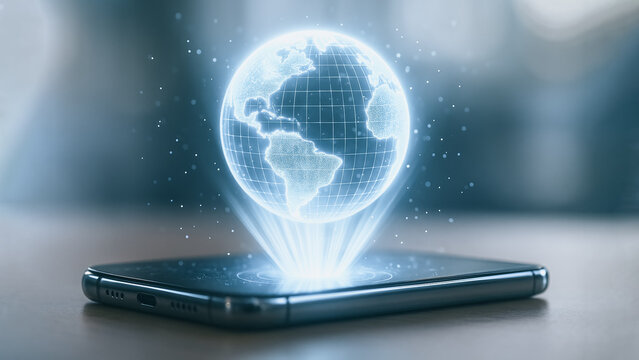 A digital globe hologram projects from a modern smartphone, representing the ever-evolving world of technology and communication. The holographic display emits a radiant glow.