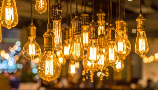 Warm, glowing cluster of vintage filament bulbs - Powered by Adobe