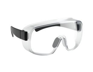 Clear protective goggles with adjustable black strap, resting on a black background