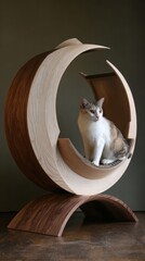 A cat sits inside a modern, crescent-shaped wooden pet bed with a curved design.
