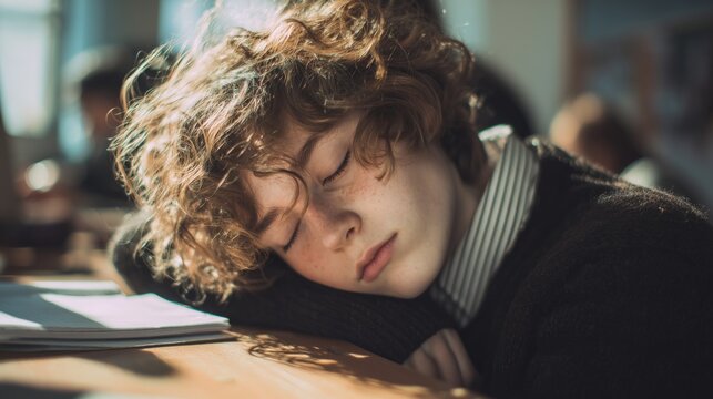 Students experience fatigue and sleep in class from overwork during a busy school day in the afternoon - Powered by Adobe