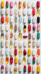 An array of various colored pills and capsules arranged in a grid pattern on a white background.