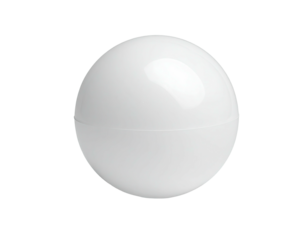 A glossy white sphere, neatly divided in half, set against a dark backdrop